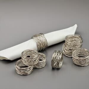 Set of 8 Silver Wire Mesh Napkin Rings Modern Sculptural Table Decor